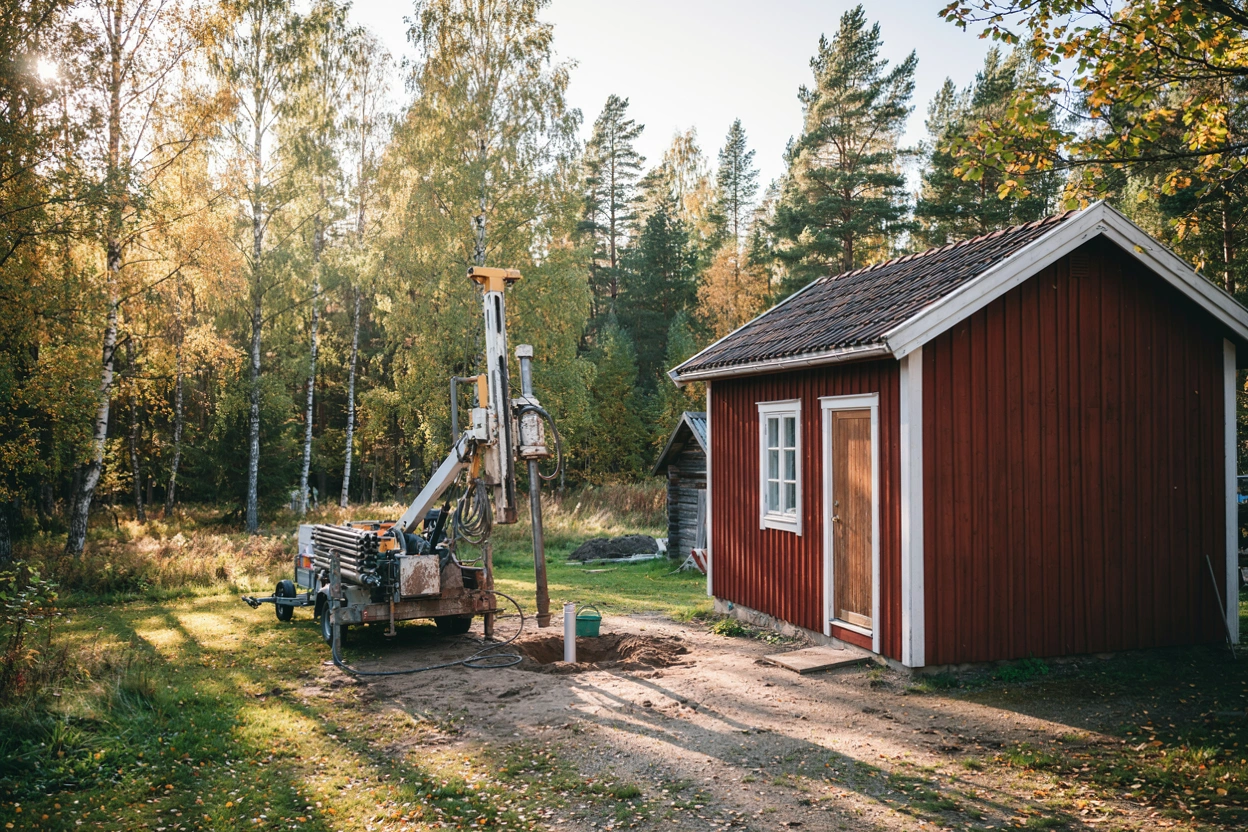 Illustration: borrigg borrar ny brunn vid en sommarstuga i Strängnäs kommun