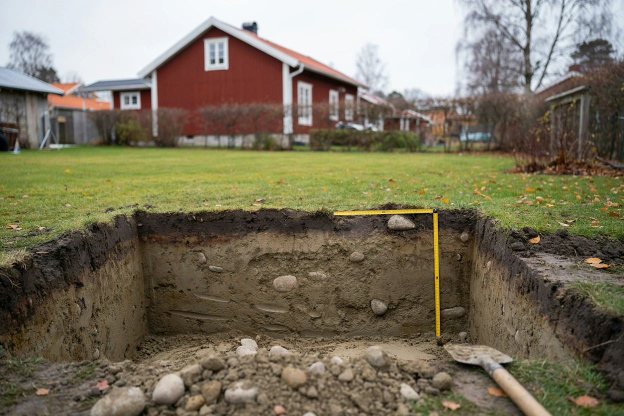 Illustration: provgrop i morän på en tomt med ett rött trähus i bakgrunden och en tumstock mot gropens vägg