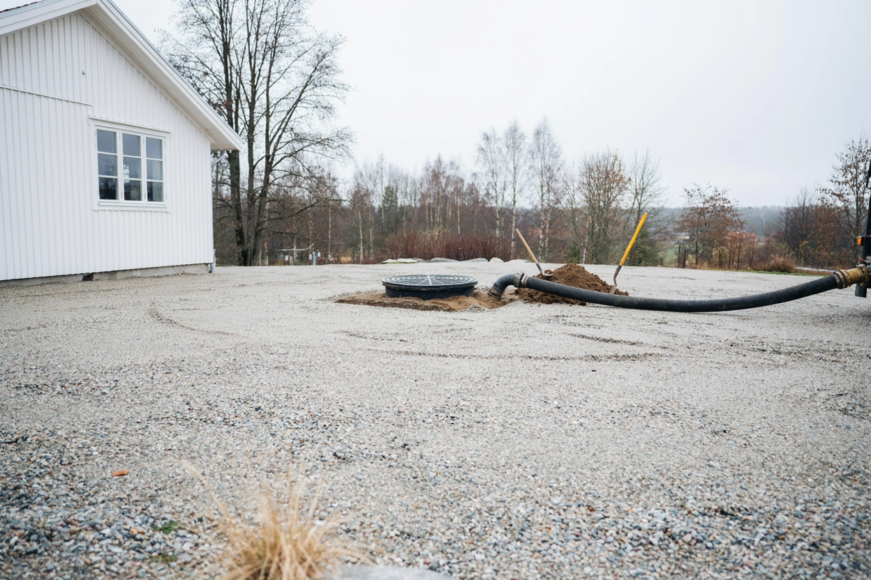 Illustration: slambil vid ett rött hus nära Mälaren med uppsnurrad slang och friskottat lock