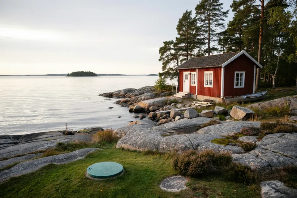 rött fritidshus vid en klippstrand i Stockholms skärgård med slamavskiljarens lock i gräsmattan