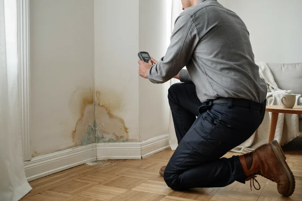 Fuktfläck och mögelskador på en vägg i ett svenskt hus där en hantverkare mäter fukten