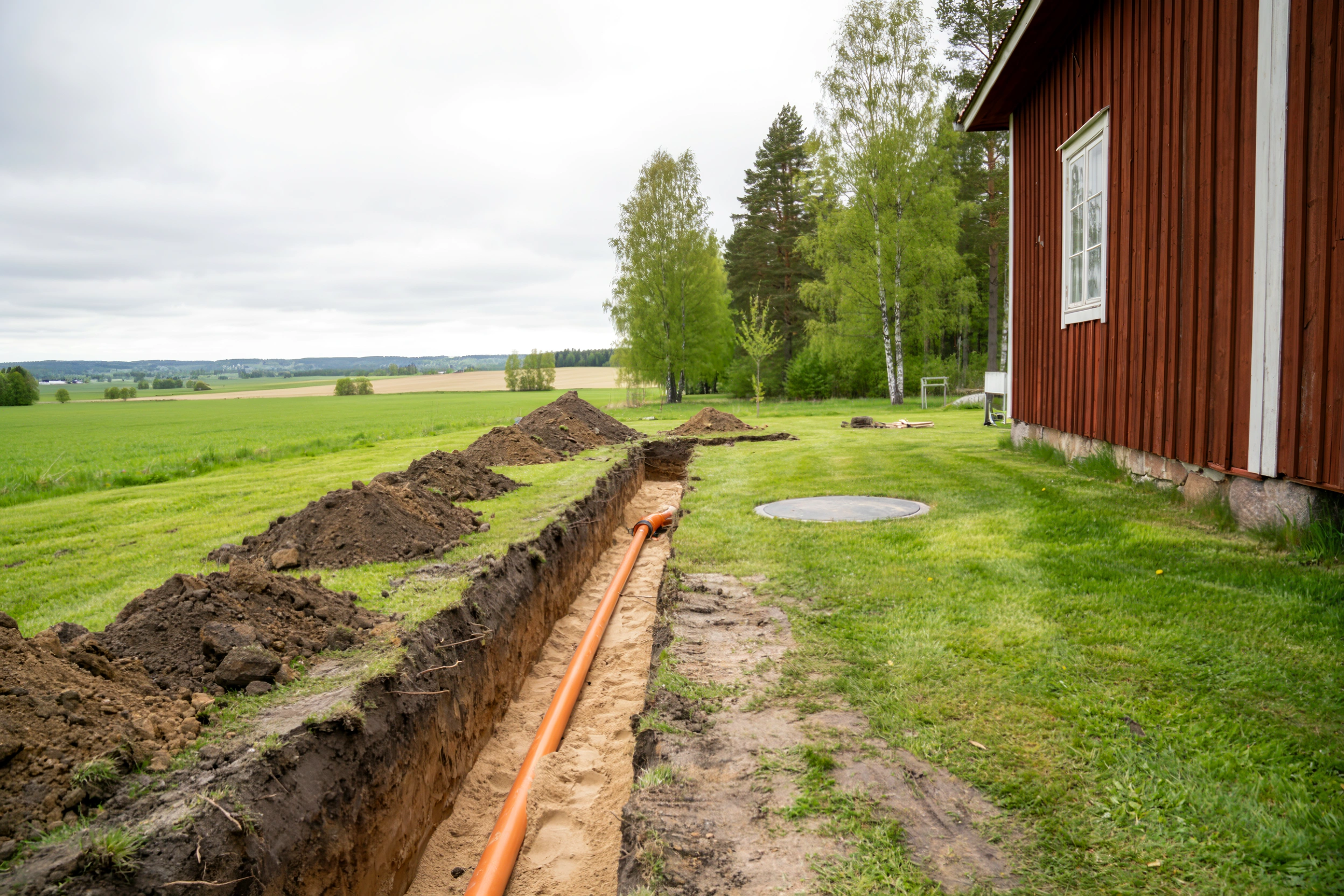Illustration: nytt enskilt avlopp anläggs vid ett rött fritidshus i Norrtälje – avloppsledning i sandbädd i ett grävt dike och slamavskiljarens lock i gräsmattan