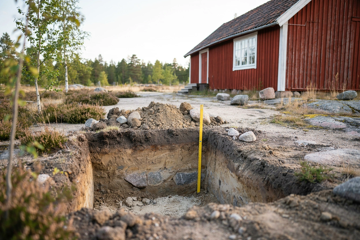 Illustration: provgrop i stenig mark på en tomt med ett rött trähus i bakgrunden och en tumstock mot gropens vägg