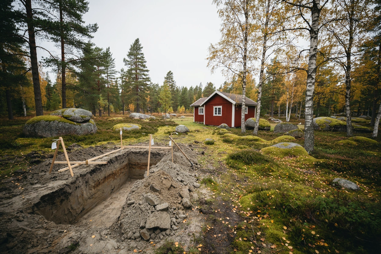 Illustration: fritidshus i skogen vid Knutby som ska få ny brunn och enskilt avlopp