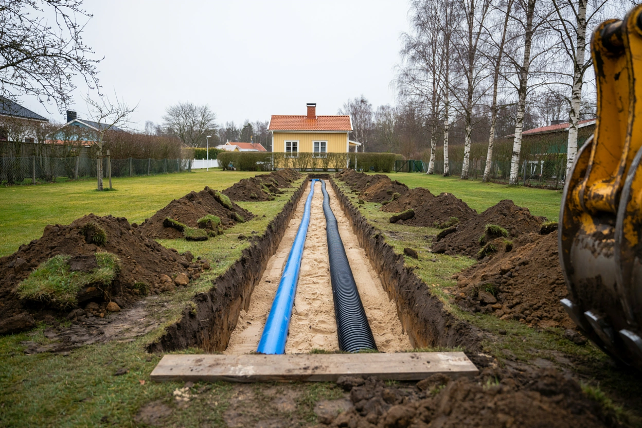 Illustration: schaktat dike med ny vattenledning vid ett hus på Ingarö som ska anslutas till kommunalt VA