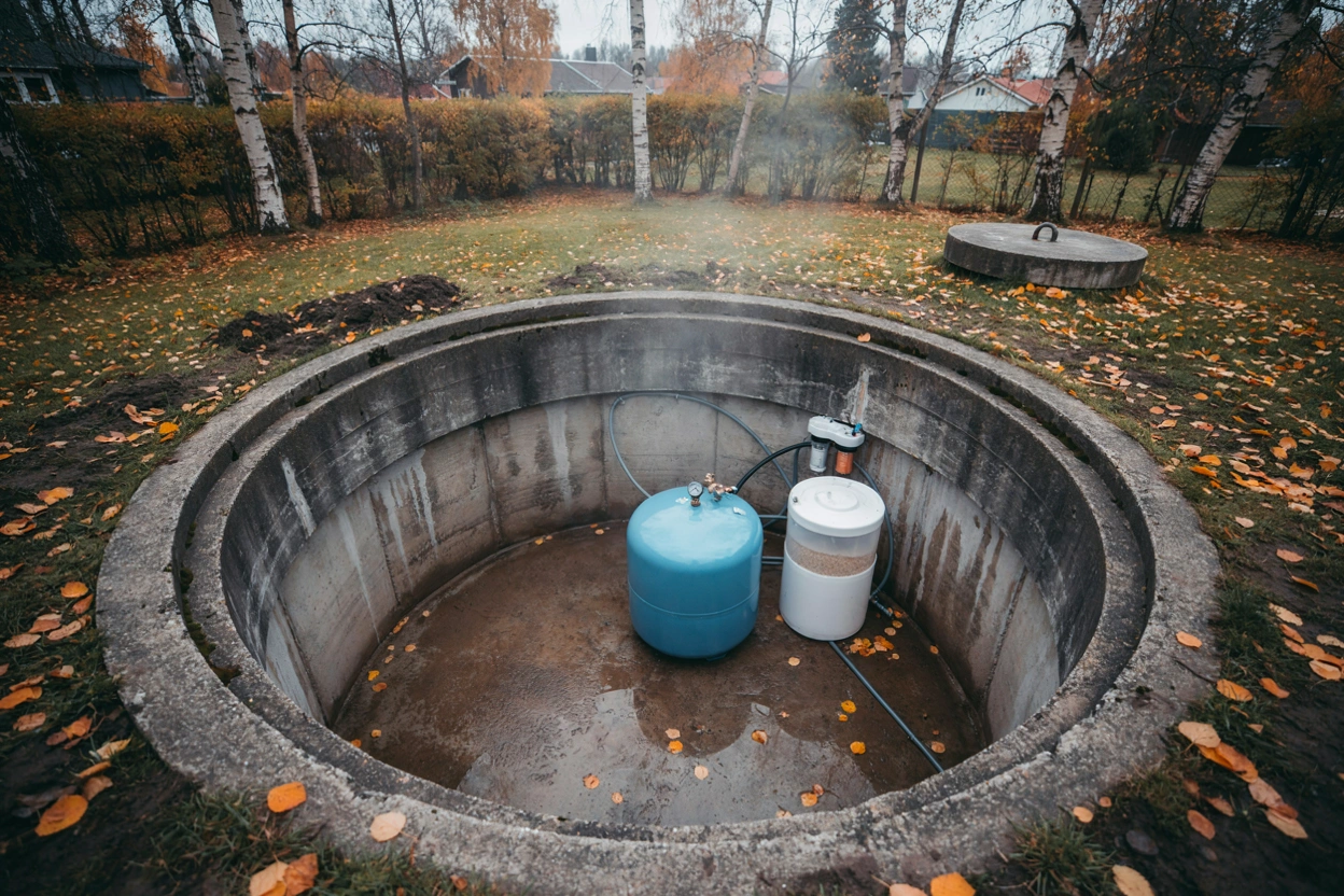 Illustration: hydropress och filter flyttas ur en betongkasun till ett frostfritt pumphus i Vänge