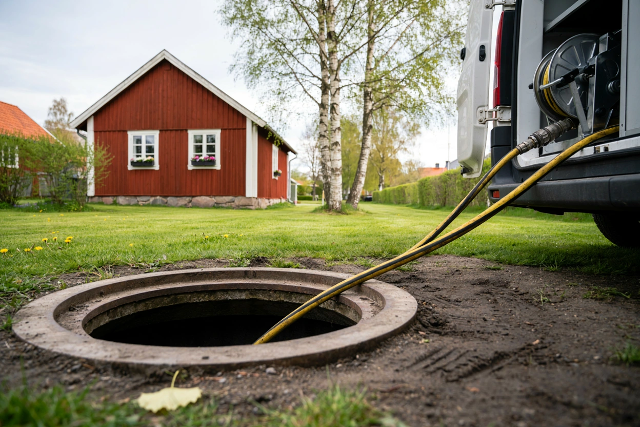Illustration: spolning av avloppsledning vid BDT-brunn till ett fritidshus i Norrtälje