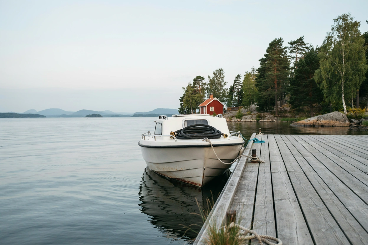 Illustration: liten arbetsbåt vid en träbrygga i skärgården med uppsnurrad slang och ett rött hus i bakgrunden